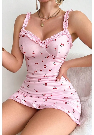 Bella Notte Romantik Pembe Kiraz Baskılı Fırfırlı Gecelik