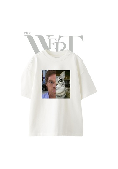 Thewert Dexter Cat Tasarım Baskılı Ünisex Beyaz Oversize T-shirt