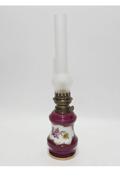 Limoges Çiçek Motifli Antika Porselen Gaz Lambası 043 Mor