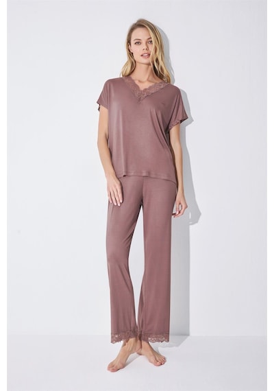 Monamise Kadın Kısa Kollu V Yakalı Dantelli Pijama Takımı 18512-kahve Kahverengi