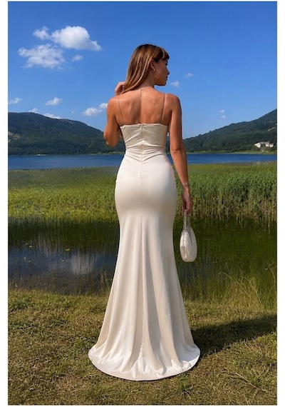 Store Saten Yaka Elbise Dik Drapeli Kumaş Abiye Maxi Bej - 935901978 Bej