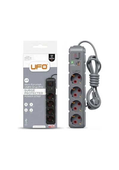 Yeni 4lü Akım Korumalı Grup Priz 1,5 Metre Bakır Kablolu, 5v 2,4a Usb Ve Type-c İle Şarj, Anahtarlı Topraklı Priz, Sürekli Koruma, 16a 250v, Max 3500w Aşırı Yük Koruması, 1,5m. Gri Renk