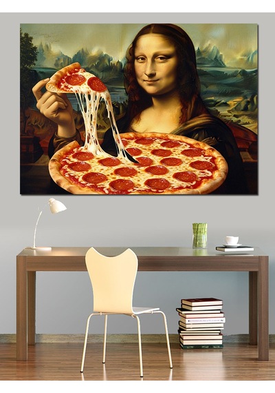 Mona Lisa Pizza Yiyor Komik Dekoratif Kanvas - Mdf Ahşap Tablo