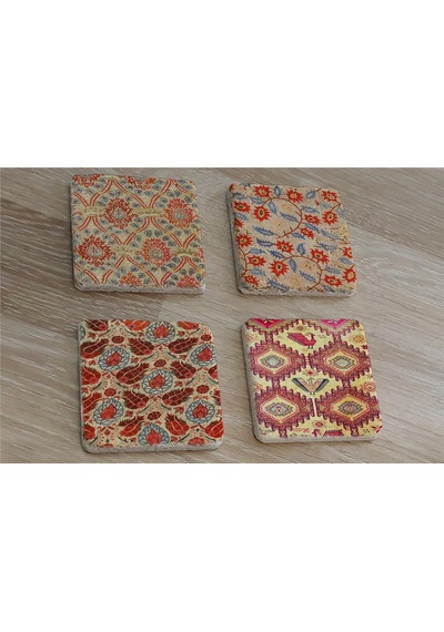 Osmanlı Kumaş Desenleri Doğal Taş Bardak Altlığı 4'lü Set - Natural Stone Coasters - Taş Çok Renkli