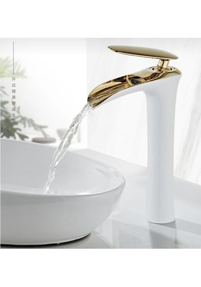 İsaoğlu Yapı Çanak Lavabo Bataryası Gold Beyaz Şelale Lavabo Musluğu Naturel Akışlı Batarya Beyaz