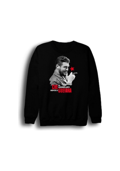 Che Guevera Baskılı Unisex %100 Pamuk Siyah Bisiklet Yaka Sweatshirt Siyah