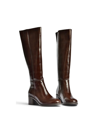 Fox Shoes Z608182811 Kahverengi Kroko Baskılı Kalın Topuklu Kadın Çizme