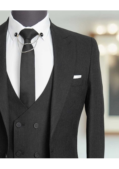 Beystil Sivri Yaka Siyah Takım Elbise Bezayak - Slim Fit Siyah