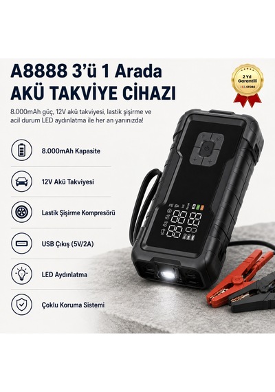 A8888 8.000mah Akü Takviye Cihazı Ve Lastik Hava Kompresörü Araç Şarj Takviye Pompası-1662