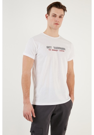 Buratti Basklı Bisiklet Yaka % 100 Pamuklu Slim Fit Erkek T Shirt 541Get Beyaz