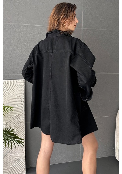 Siyah Düğmeli Çift Cep Oversize Denim Gömlek Ceket Bcdf-245415 Çok Renkli