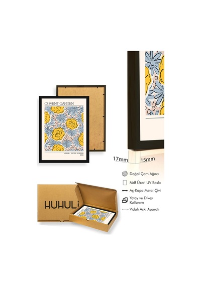 Doğal Ahşap Çerçeveli Retro Çiçek Desenli Tablo - Sarı Mavi Tonlar Huhu2255