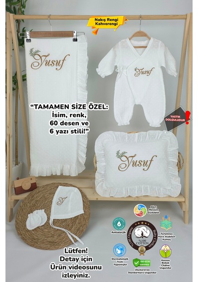 Gros Shop Müslin Yeni Doğan 2katlı Organik %100pamuk Kişiye Özgü Nakışlı Hastane Çıkış Seti İkili Dal Model-3 Ekru-1