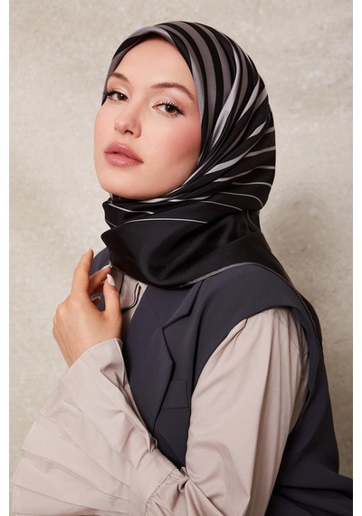 Levidor Şerit Desen Twill İpek Eşarp-0909 Gri