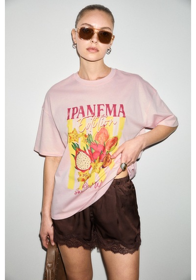 Grımelange Wuna Kadın Yumuşak Kumaşlı %100 Organik Pamuklu Baskı Detaylı Pembe T-shirt
