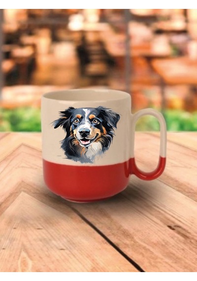 Sevimli Köpekli Kırmızı Tabanlı Kupa Bardak Sevgiliye Hediye - Seramik Çay, Kahve Hediyelik Bardağı Beyaz