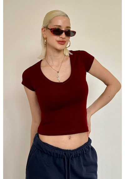 Bordo V Yaka Basic Kadın Tişört Mg2450