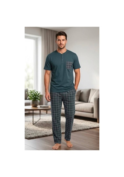 Pijamask Erkek Antrasit Ekose Desenli Cepli Düğmeli Kısa Kollu Pijama Takımı Antrasit