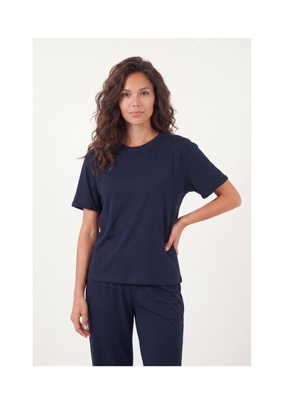 Lela Yumuşak Dokulu Bisiklet Yaka Lastikli Bel Kısa Kollu Pijama Takımı Bayan Pijama Takımı 65720102 Lacivert