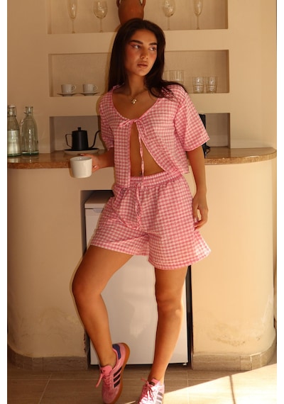 Madmext Pembe Pötikareli Şort Bluz Takım Mg2373