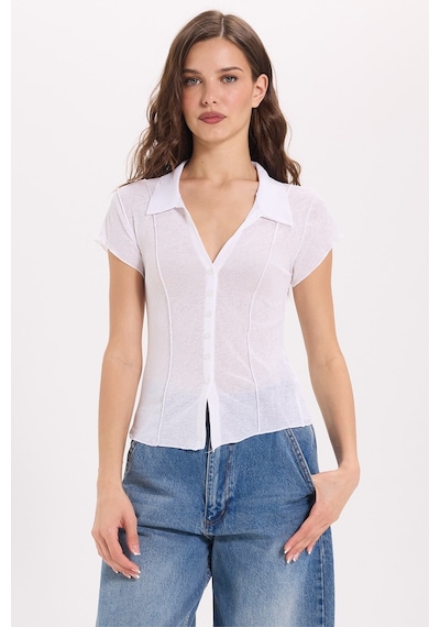 Tudors Kadın Slim Fit Dar Kesim Kısa Kollu Dikiş Detaylı Dokulu Düğmeli Beyaz Bluz Gömlek