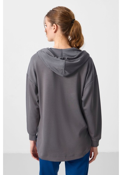 Tommylıfe Koyu Gri Yumuşak Dokulu Kapüşonlu Oversize Kadın Tunik Sweatshirt - 97302
