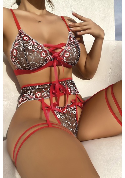 Grey Cat Premium Çiçek Desenli Fiyonklu Sütyen Külot Takım Kadın Çamaşır Fantazi Set Kırmızı Siyah