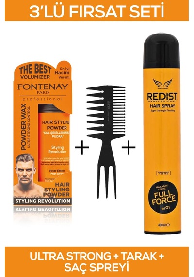 Fontenay Saç Şekillendirici Pudra Toz Wax Ultra Strong Turuncu + Şekil Tarağı + Saç Spreyi 400 ML