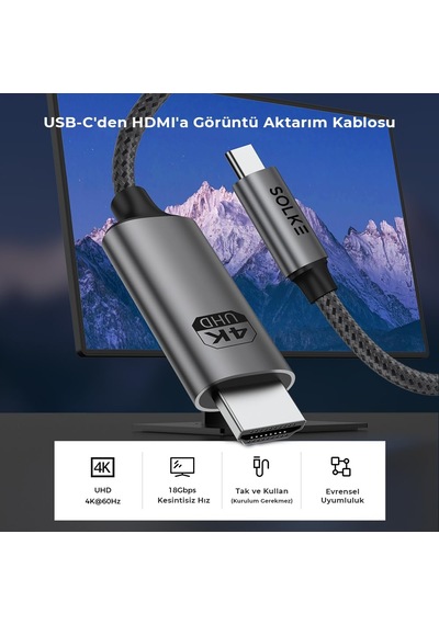 Usb-c To Hdmı Kablo, 2 Metre, 4k60hz, 18gbps, Type-c To Hdmı Görüntü Kablosu, Thunderbolt 5/4/3 Standart