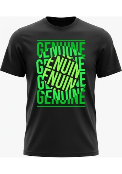 Urbantrendstore Unisex Beyaz Genuine Baskılı Oversize Fit Rahat Geniş Salaş T-shirt Günlük Tişört Siyah