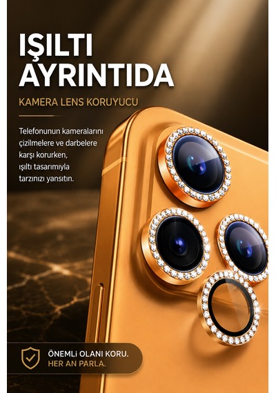 İphone 17 Pro / 17 Pro Max Uyumlu Taşlı Kamera Lens Koruyucu Kozmik Turuncu