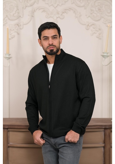 Woolen World Regular Fit Dik Yaka İnce Baharlık Triko Hırka Siyah