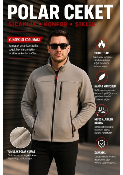 Luxıc Core Erkek Gri Fermuarlı Polar Ceket Dik Yaka Günlük Ve Outdoor Kullanım
