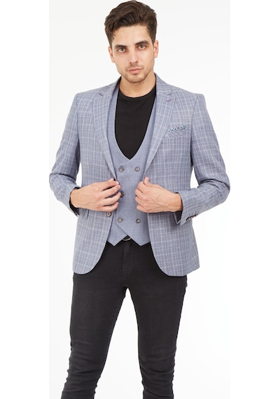 Sposo 5140 Yelekli Dar Kalıp Gri Ekose Erkek Blazer Ceket Gri
