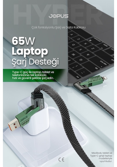 4in1 65w Pd Hızlı Şarj Kablosu İphone Android Uyumlu Type C Lightning Kumaş Örgü Data Pro 1.5 Metre -