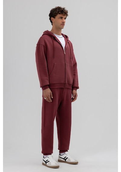 Vamos Basic Fermuarlı Oversize Kapüşonlu Sweatshirt Bordo