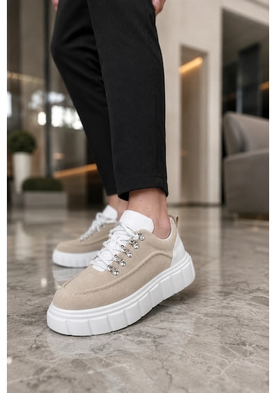 Mevese Duolc Bağcıklı Süet Erkek Günlük Rahat Taban Sneaker Ayakkabı - Krem