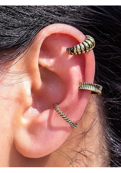 Vintage Antik 3'lü Deliksiz Ear Cuff Ayarlanabilir Kıkırdak Küpe Seti Eukk4 Sarı