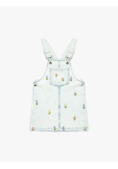 Koton Çiçek Nakış Detaylı Cepli Askılı Denim Jile Elbise Lıght Indıgo 6smg80007ad Açık Mavi