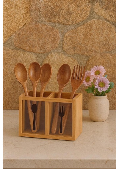 Bambu Ikili Kaşıklık Kutusu, Bambu Çatal Kaşıklık 5x13cm Bej 4 X 18 Çok Renkli