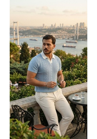 Veraura Lifestyle Erkek Desenli Kısa Kollu Triko Tişört - %100 Pamuk Akrilik Bebe Mavisi