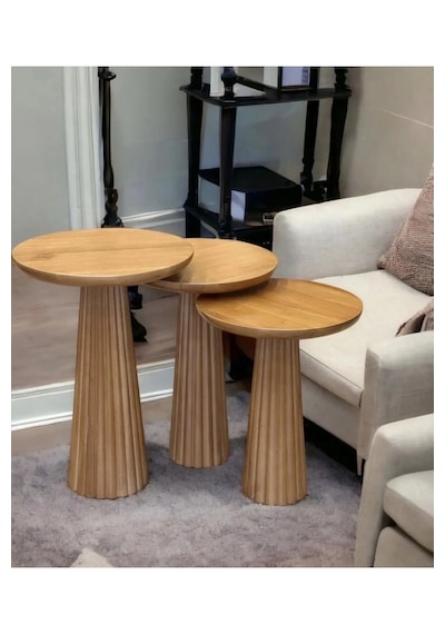 Wood Ahşap 3 Lü Set Fitilli Mantar Yan Sehpa Fiskos