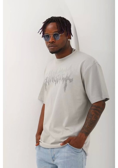 Unisex Oversize Taşlı Bisiklet Yaka T-shirt - Gri Gri