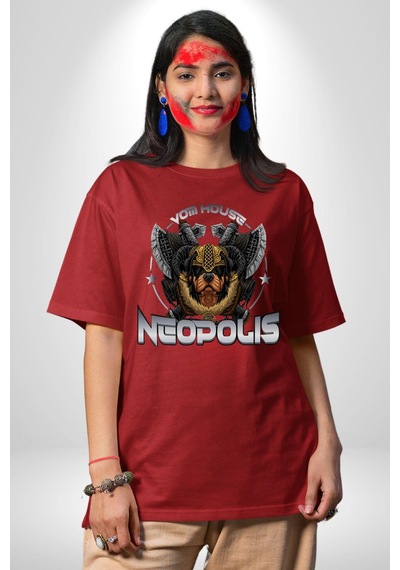 Neopolis Rottweiler Viking Pamuklu Bisiklet Yaka Unisex Oversize Boyfriend Dijital Baskılı Kırmızı T-shirt Kırmızı