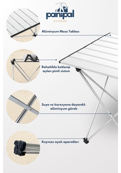 Panipal Alüminyum, Katlanabilir Kamp Ve Piknik Masası, Taşıma Çantalı M Gri