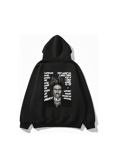 Uyguntarz Unisex Yumuşak Dokulu Frida Kahlo Viva La Vida Baskılı Tasarım Oversize 3 İplik Hoodie Sweatshirt siyah