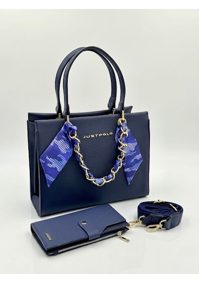Just Polo Kadın Gold Zincirli Şal Detaylı Şık El & Omuz Çantası Ve Cüzdanı Kombin Shopper Ebat: 20 X 25 Cm Lacivert