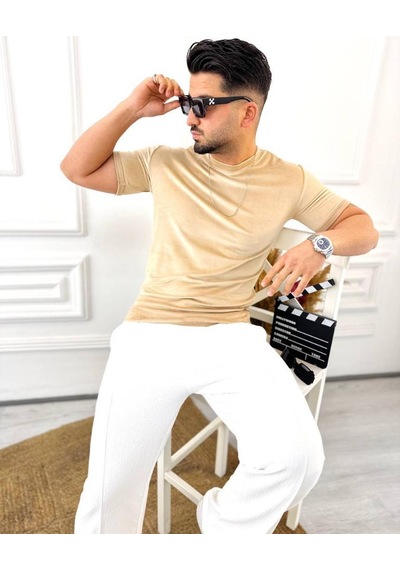 T-shirt Slim Fit Tişört Dar Kesim Kadife Tişört krem