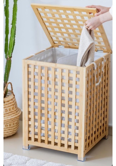 Bambu Kirli Çamaşır Sepeti 2 Bölmeli-4098 Kahverengi