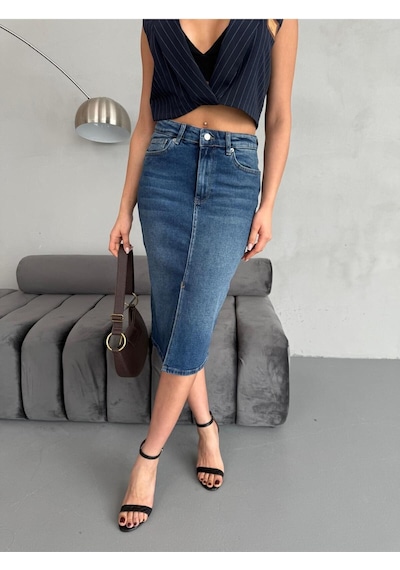 Zeo Basic Yırtmaçlı Midi Boy Jean Etek Mavi+taşlamalı
